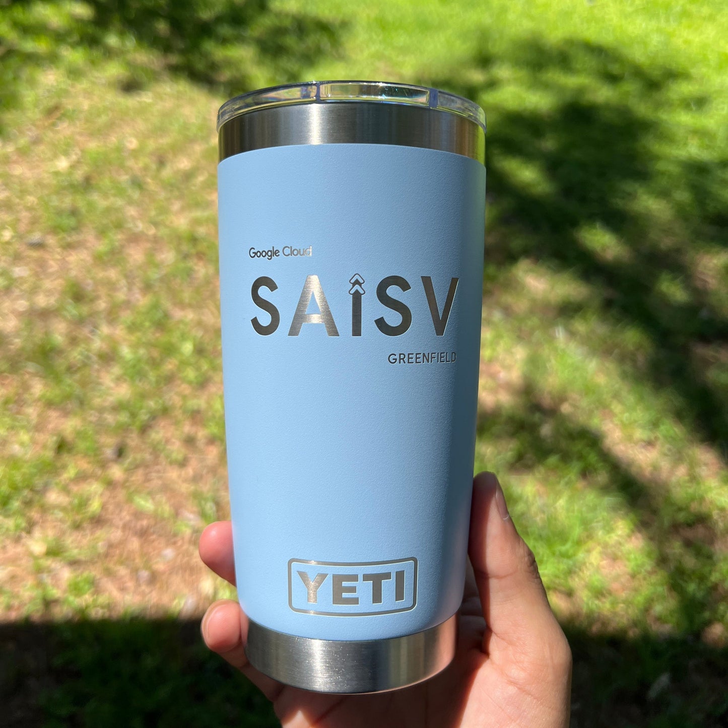 Business Logo Yeti Rambler 20oz Laser Engraved Tumbler - Pine LaserworksBig Sky Blue Yeti 20oz Corporate Logo Promo Item Business Logo Laser Engraving Bulk Order Tumblers