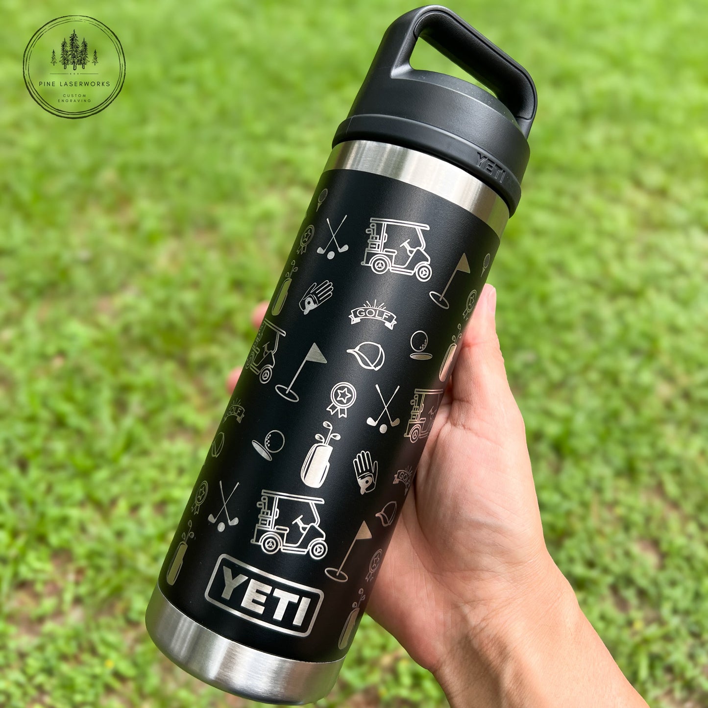 Golf Pattern Black 18 oz YETI Rambler Custom Laser Engraved Water Bottle pinelaserworks.com