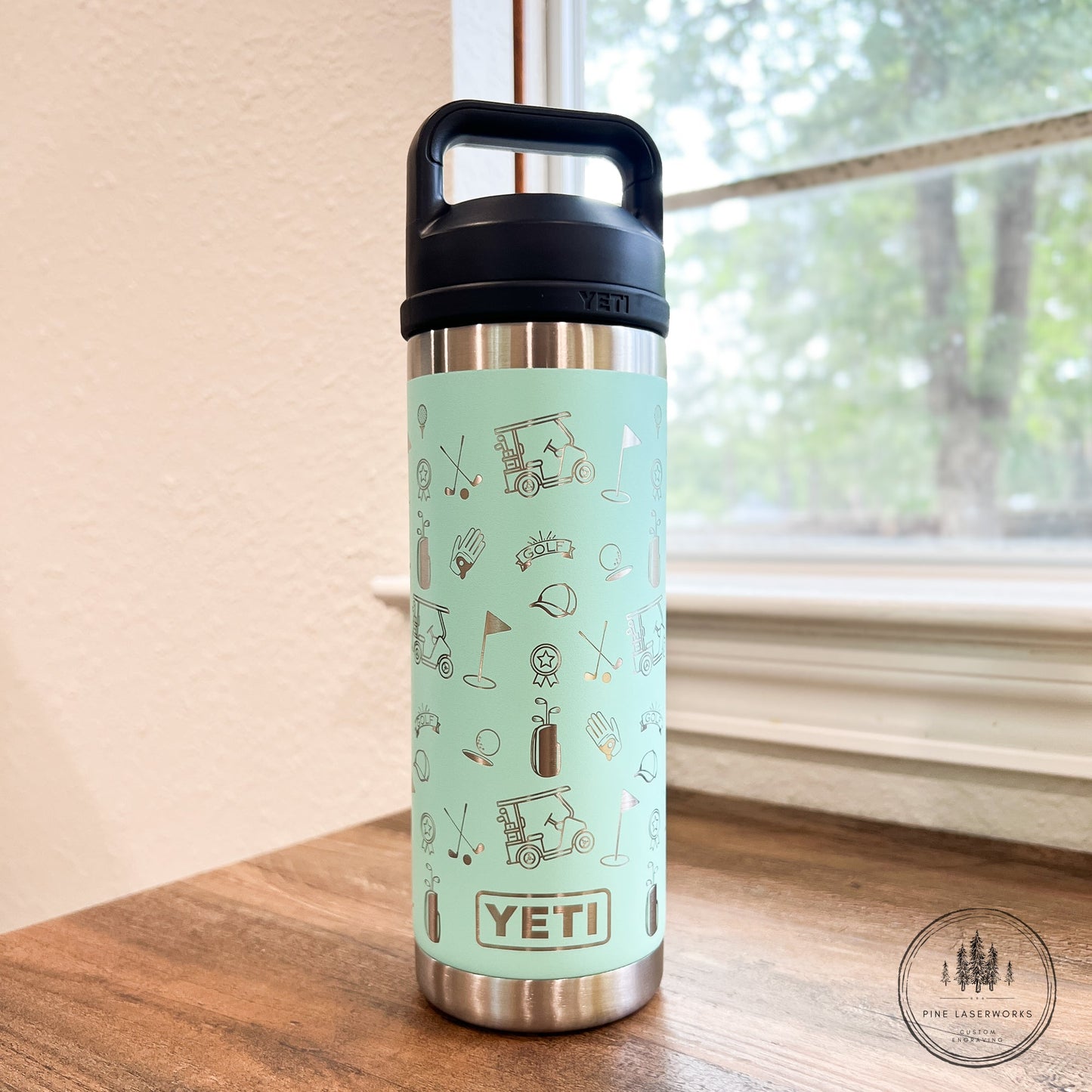 Golf Pattern Seafoam 18 oz YETI Rambler Custom Laser Engraved Water Bottle pinelaserworks.com