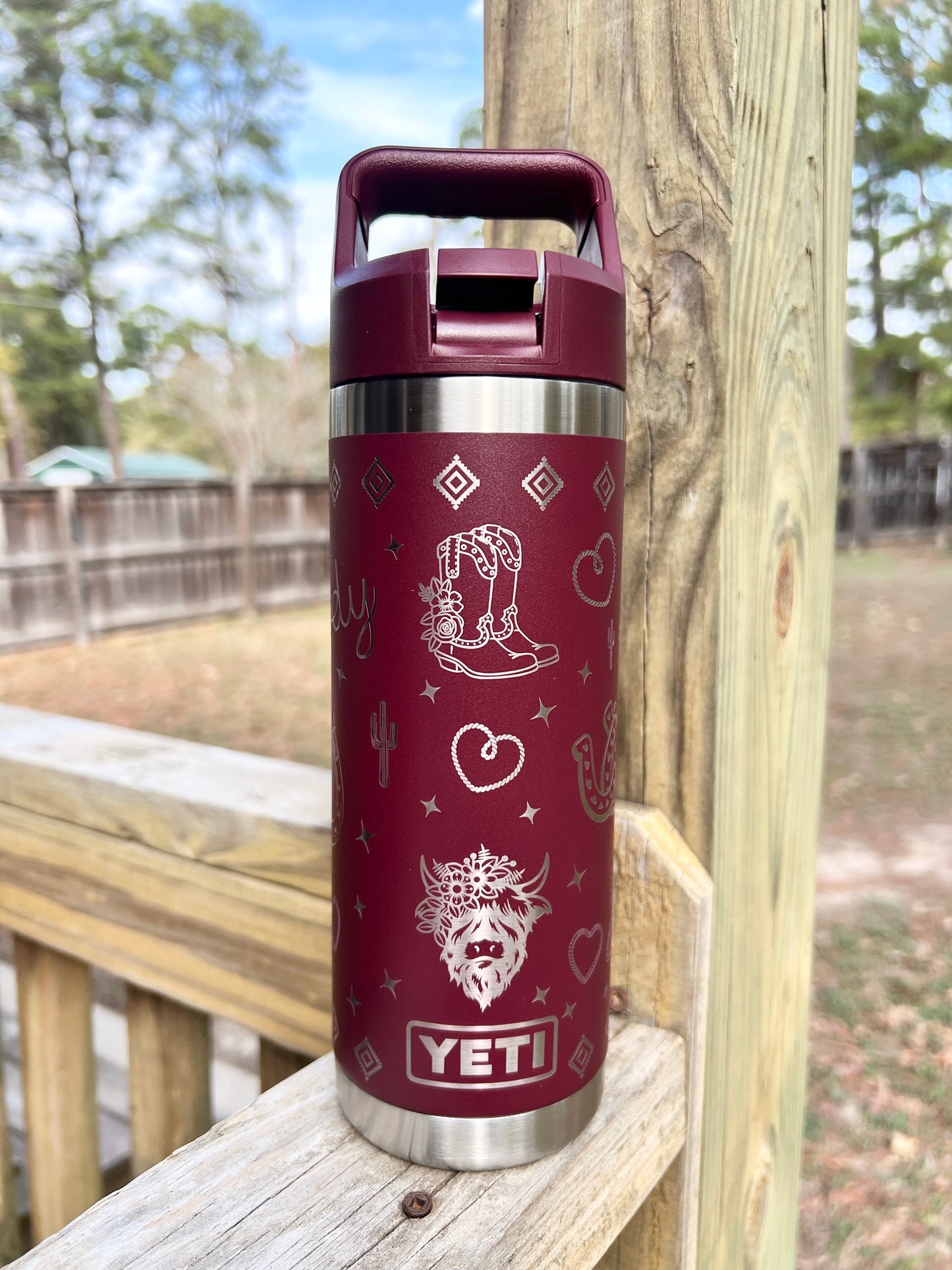 Highland Cow YETI 18 oz Rambler Straw Top Water Bottle Western Theme - Front Wild Vine Red Cowboy Boots pinelaserworks.com