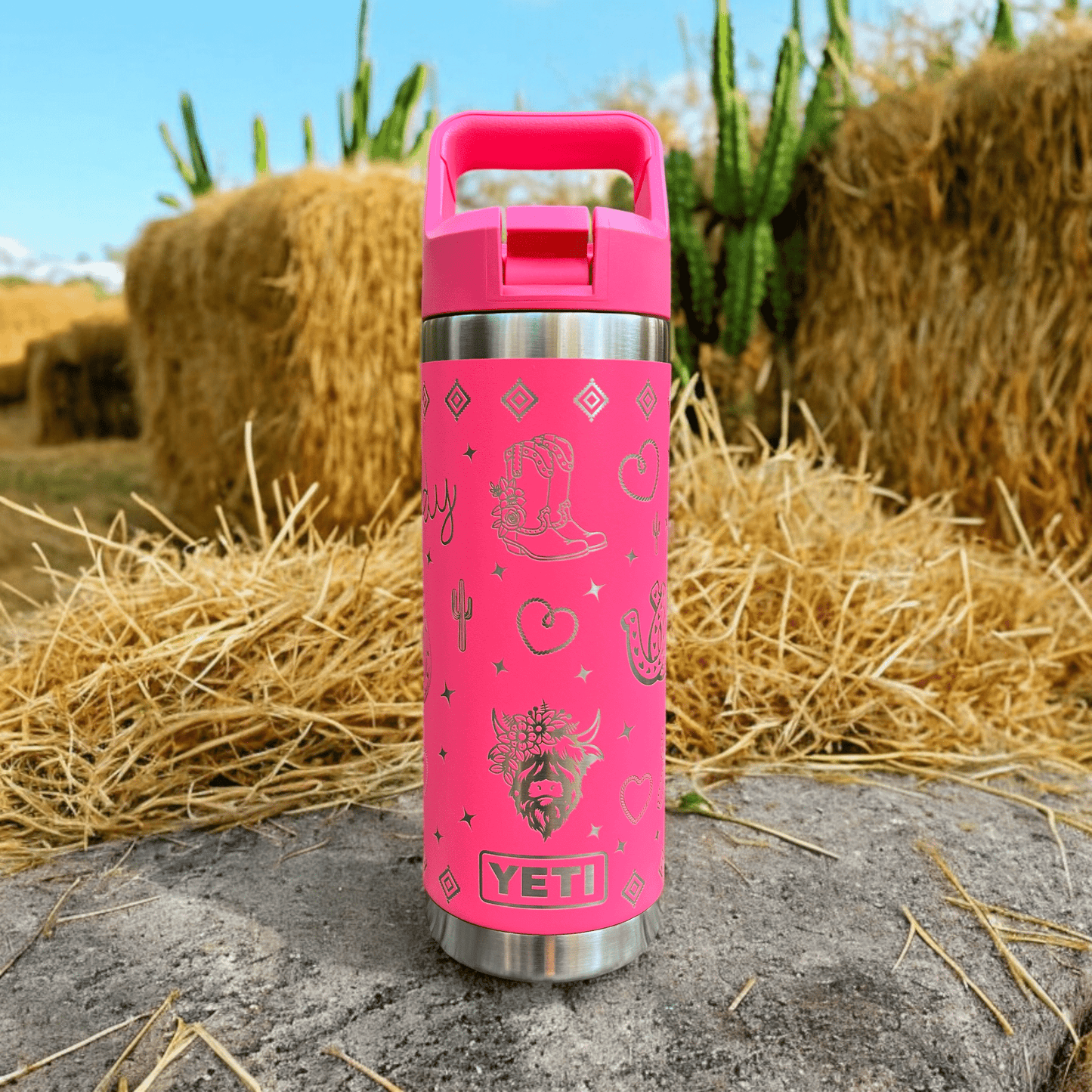 Highland Cow YETI 18 oz Rambler Straw Top Water Bottle Western Theme - Front Tropical Pink Cowboy Boots pinelaserworks.com