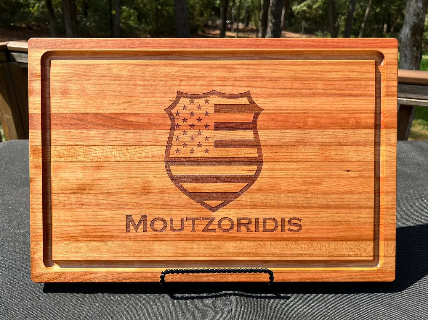 Personalized American Flag Police Badge Cherry Cutting Board w/ Juice Groove - pinelaserworks.com