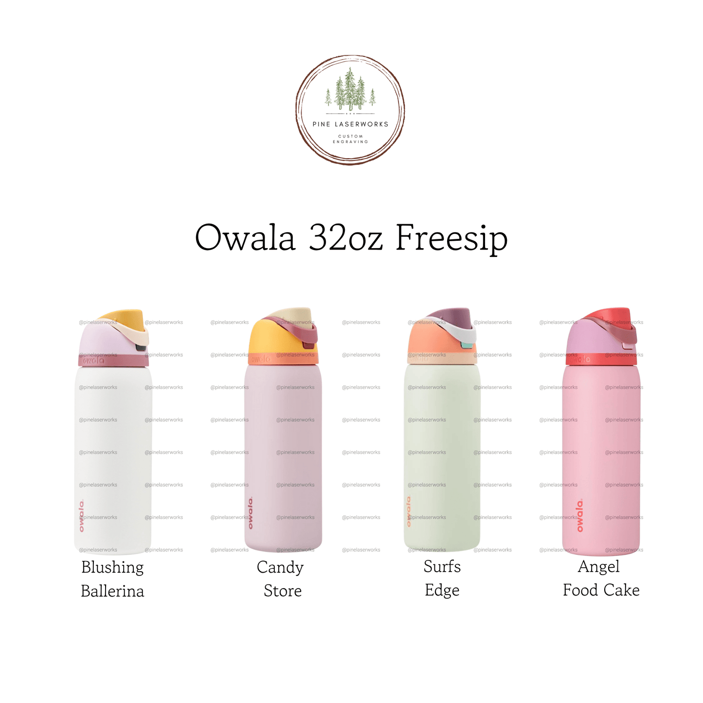 Personalized Bow Pattern Owala 32oz Freesip Water Bottle - Pine LaserworksFour Owala 32oz Freesip water bottles in different colors on a white background with the brand logo.