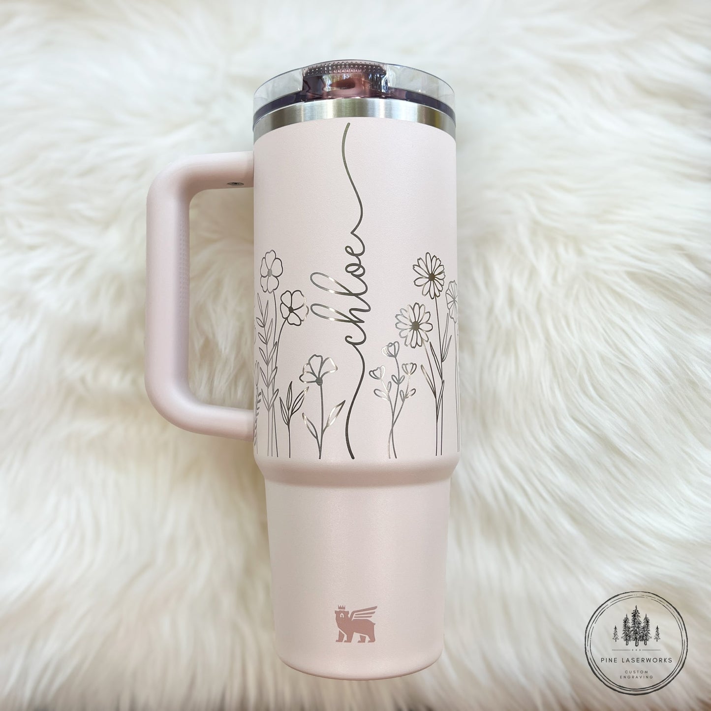 Personalized Floral Stanley ProTour 30oz or 40oz Engraved Tumbler - Pine LaserworksPink tumbler with floral designs and text on a white fluffy surface
