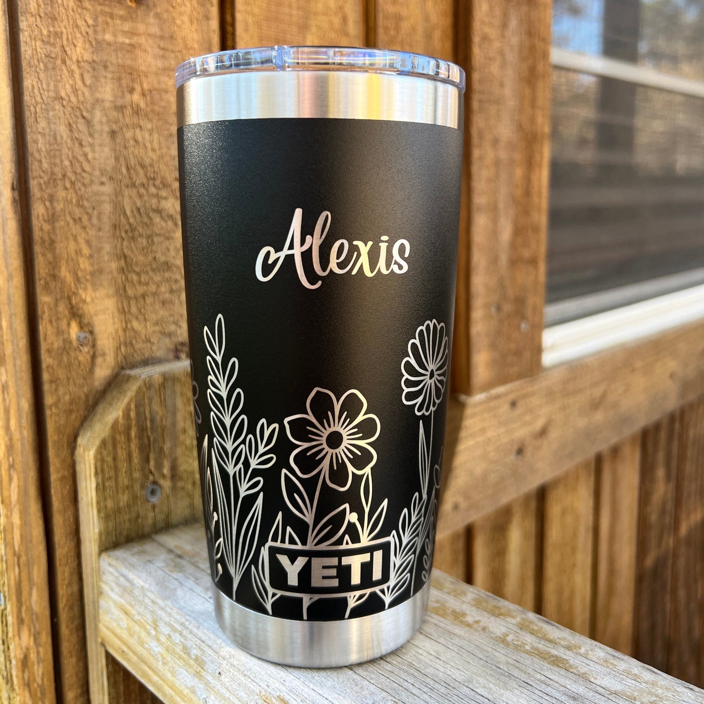 Black Yeti Custom Floral Design Travel Mug Wedding Anniversary Gift idea for her pinelaserworks.com