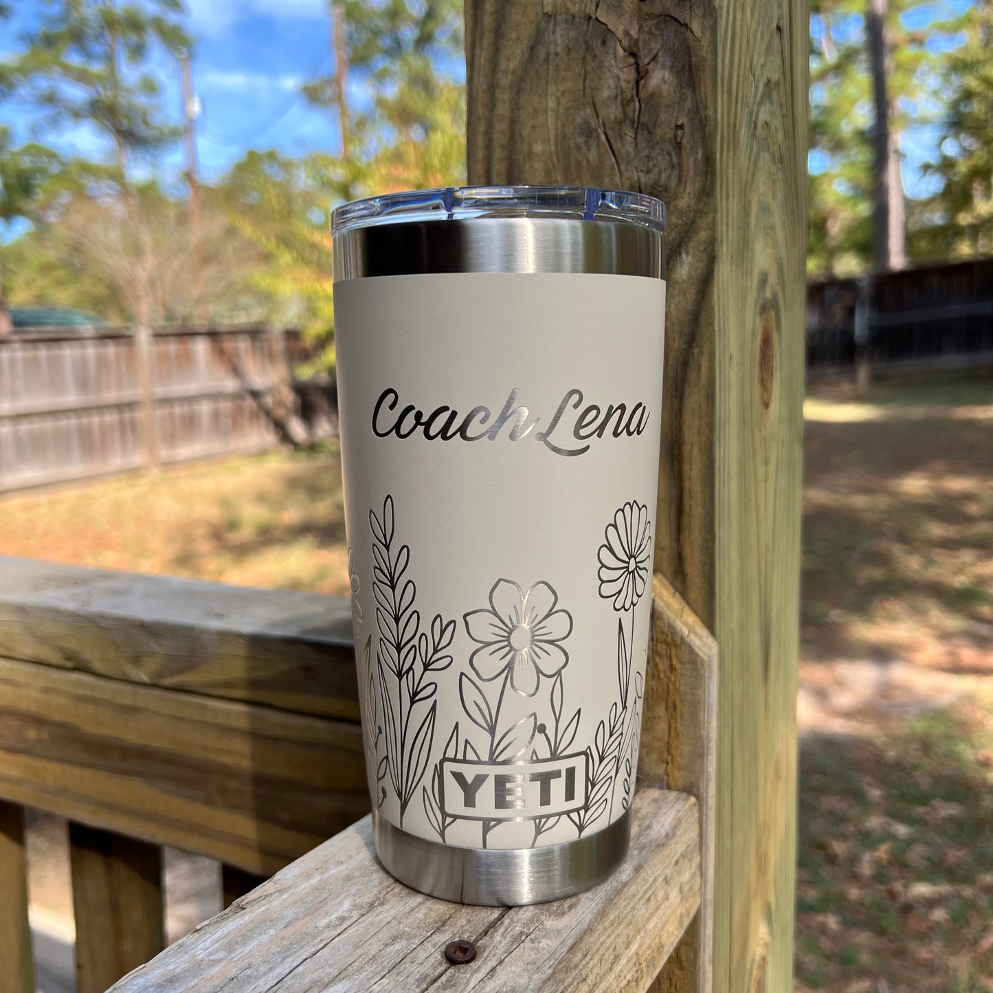 Cape Taupe Yeti Custom Floral Design Travel Mug Wedding Anniversary Gift idea for her pinelaserworks.com