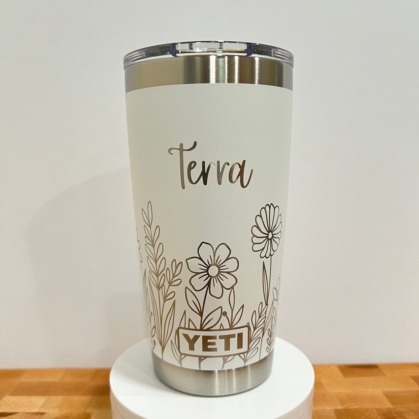 White Yeti Custom Floral Design Travel Mug Wedding Anniversary Gift idea for her pinelaserworks.com