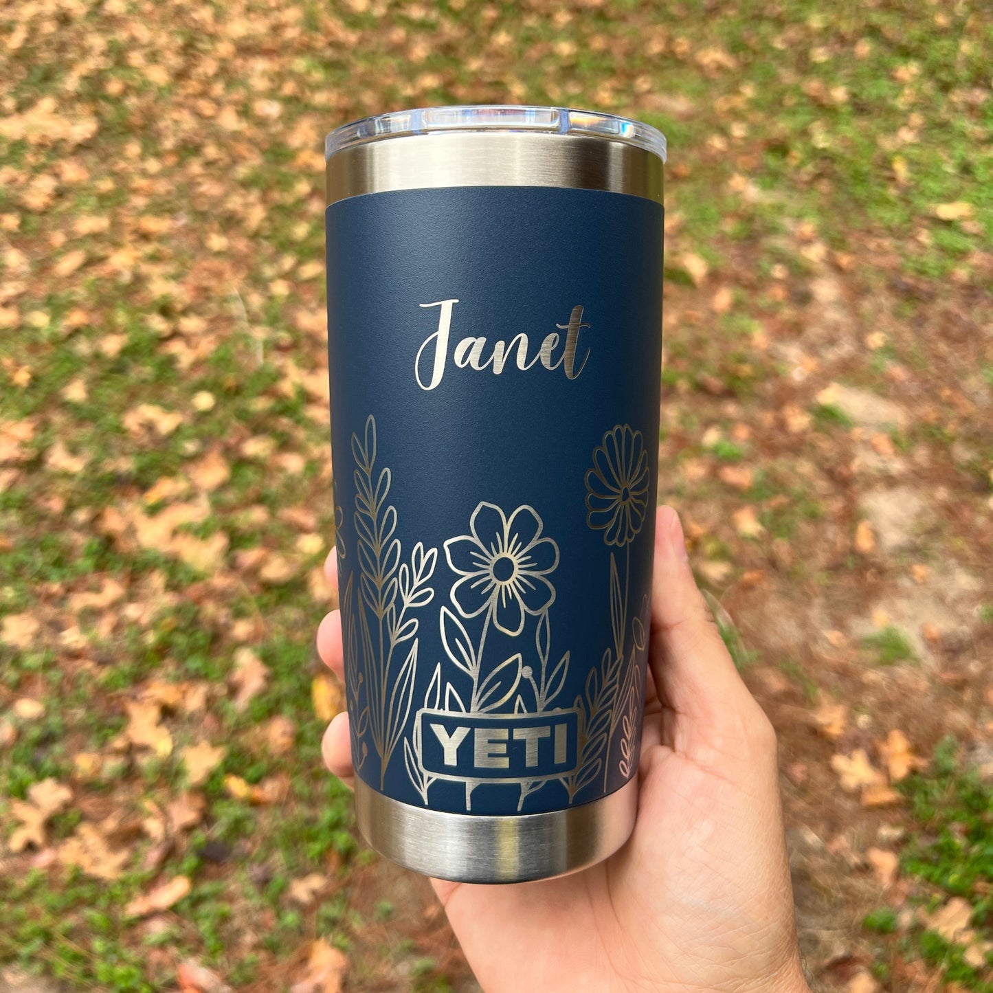 Navy Yeti Custom Floral Design Travel Mug Wedding Anniversary Gift idea for her pinelaserworks.com