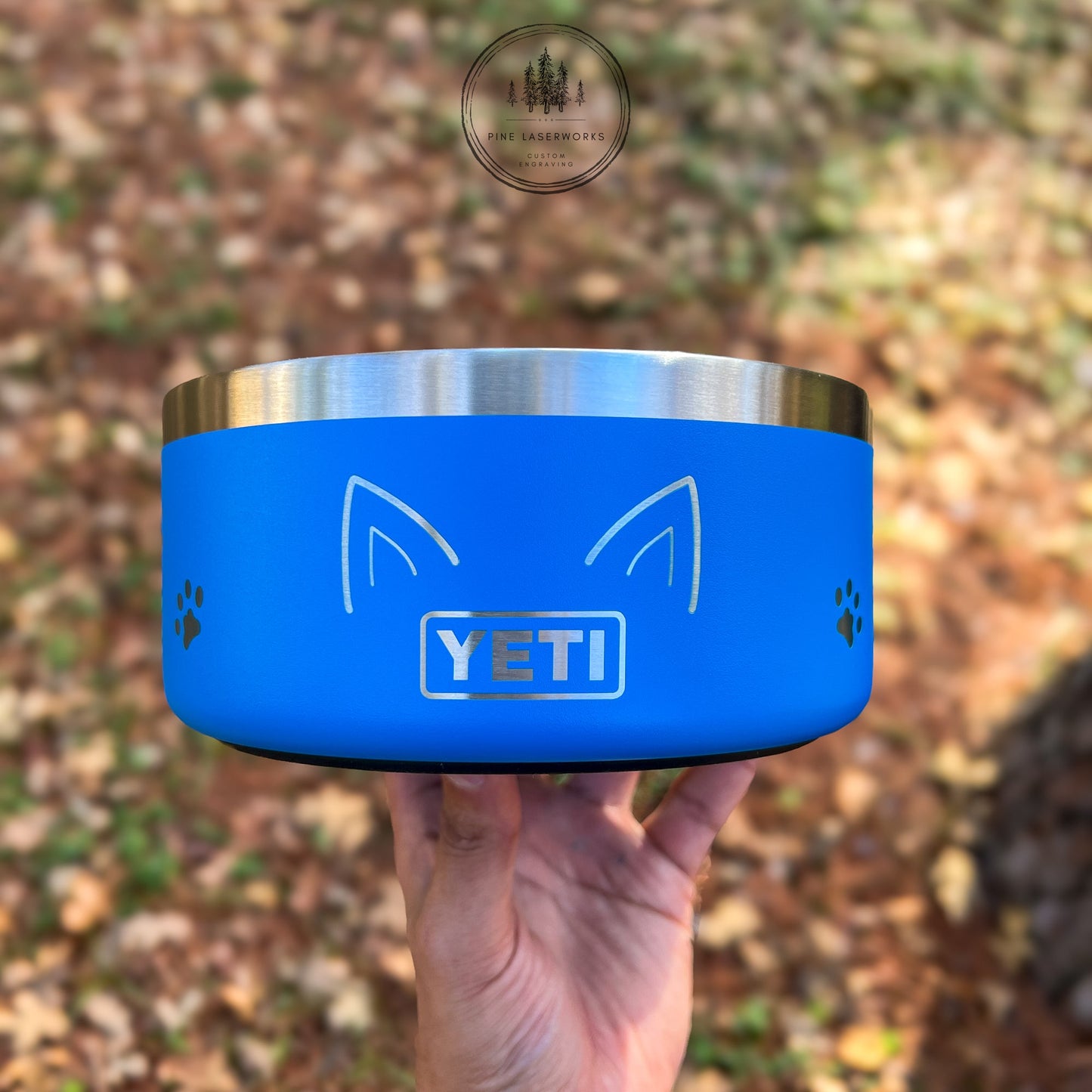 Personalized Pet Bowl Yeti Boomer 4 Cup Custom Engraved Bowl - Pine LaserworksBig Wave Blue YETI Pet Bowl with cat ears held by a hand against a natural background