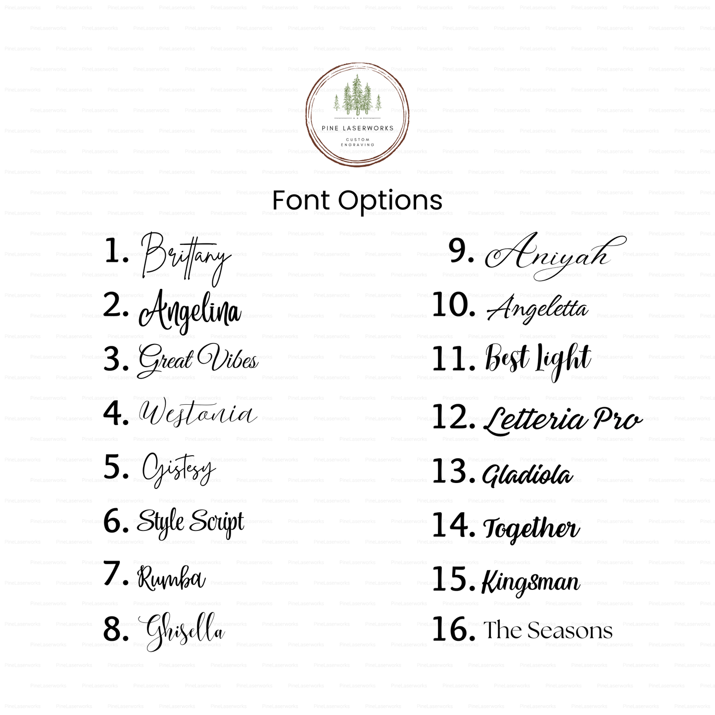 List of font options with Pine Laserworks logo at the top