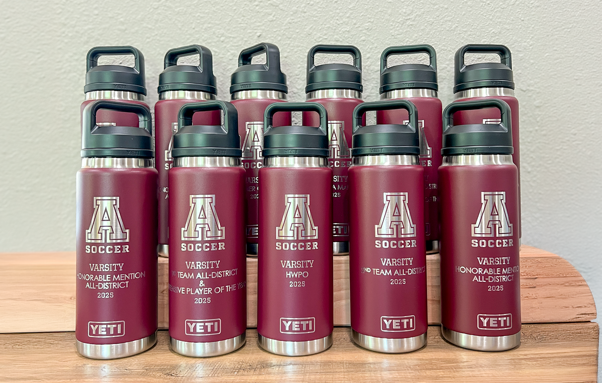 Personalized YETI water bottle, laser engraved with a custom design