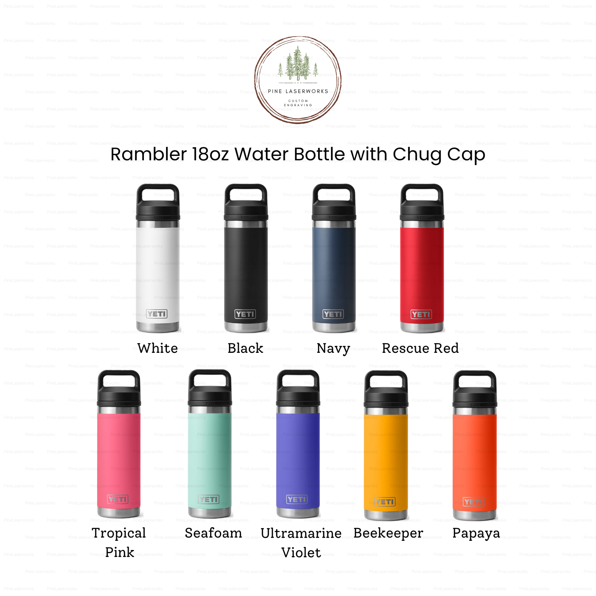Rambler 18oz water bottles in various colors with chug cap on a white background.