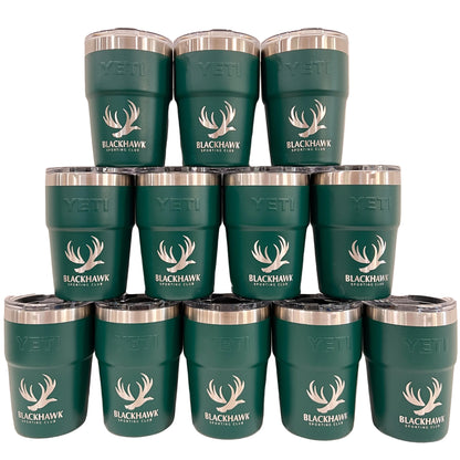 Multiple green Yeti tumblers with Blackhawk Sporting Club logo on a white background