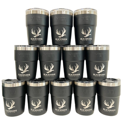 Multiple black Yeti tumblers with Blackhawk Sporting Club logo on a white background