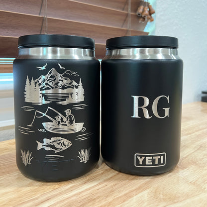 Black YETI Food Jar with engraved design on a wooden surface