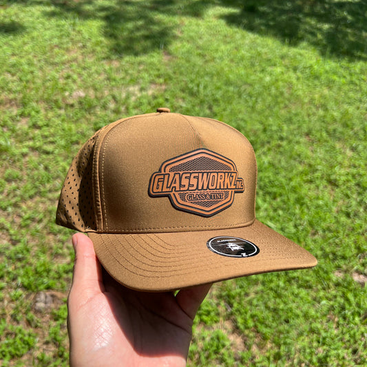 Tan Zapped Blackhawk cap with a brown and black 'Glassworks' leatherette patch