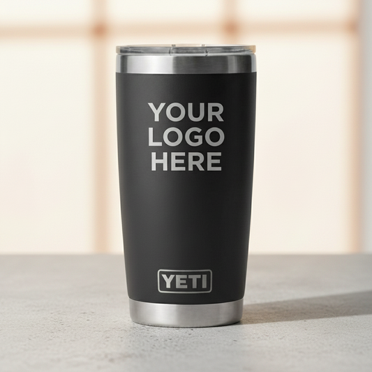 Black YETI tumbler with 'Your Logo Here' text on a white background