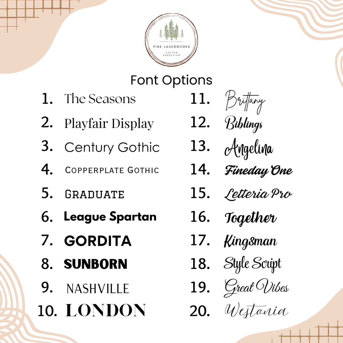 Informational chart - available font options