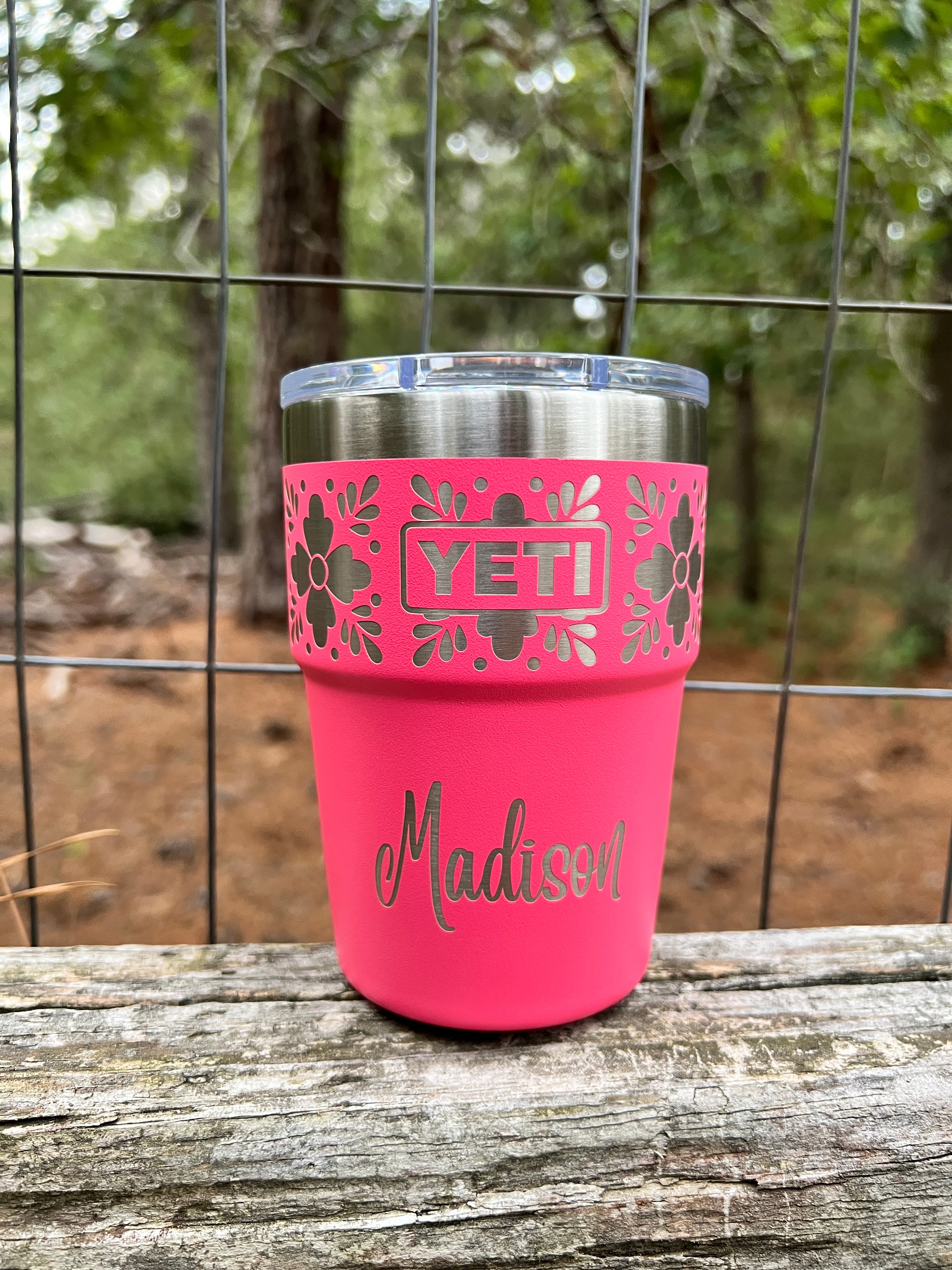 Tropical Pink Personalized Talavera Pattern Yeti 16oz Stackable Cup Custom Engrave Yeti Laser Etched Gift for Her pinelaserworks.com