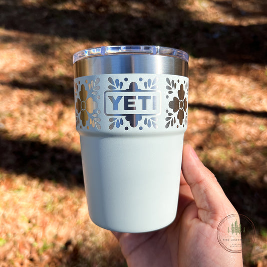 Personalized Talavera Pattern YETI 16 OZ Rambler Stackable Cup Ridgeline Laser Engraved Floral Pattern pinelaserworks.com