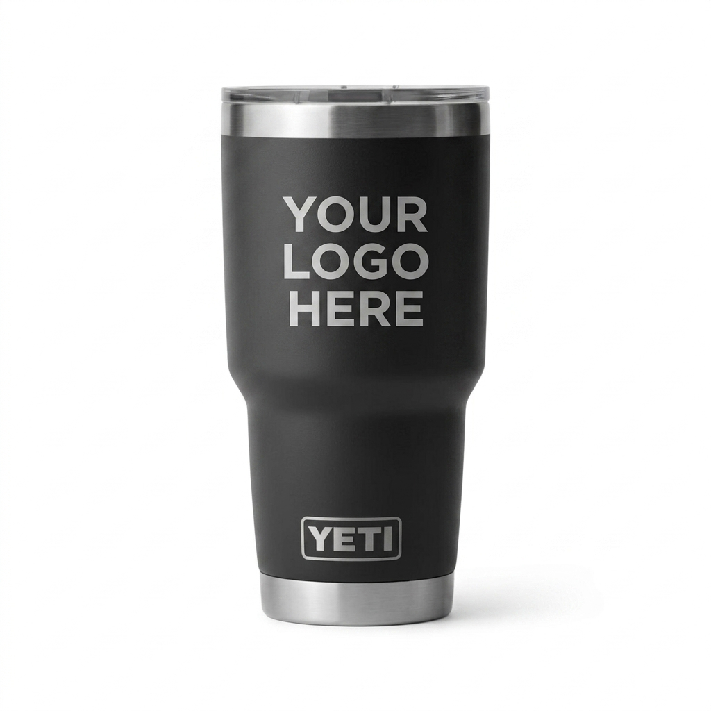 Black YETI tumbler with 'Your Logo Here' text on a white background