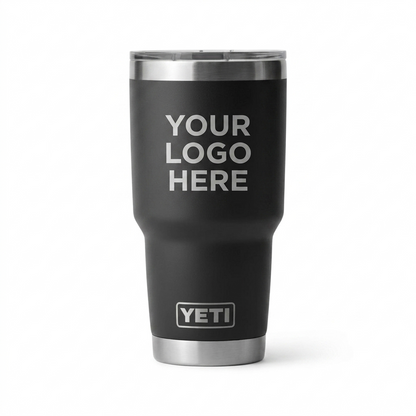 Black YETI tumbler with 'Your Logo Here' text on a white background