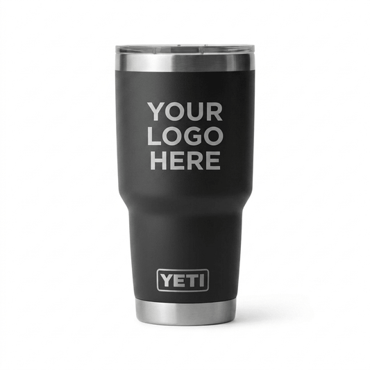 Black YETI tumbler with 'Your Logo Here' text on a white background