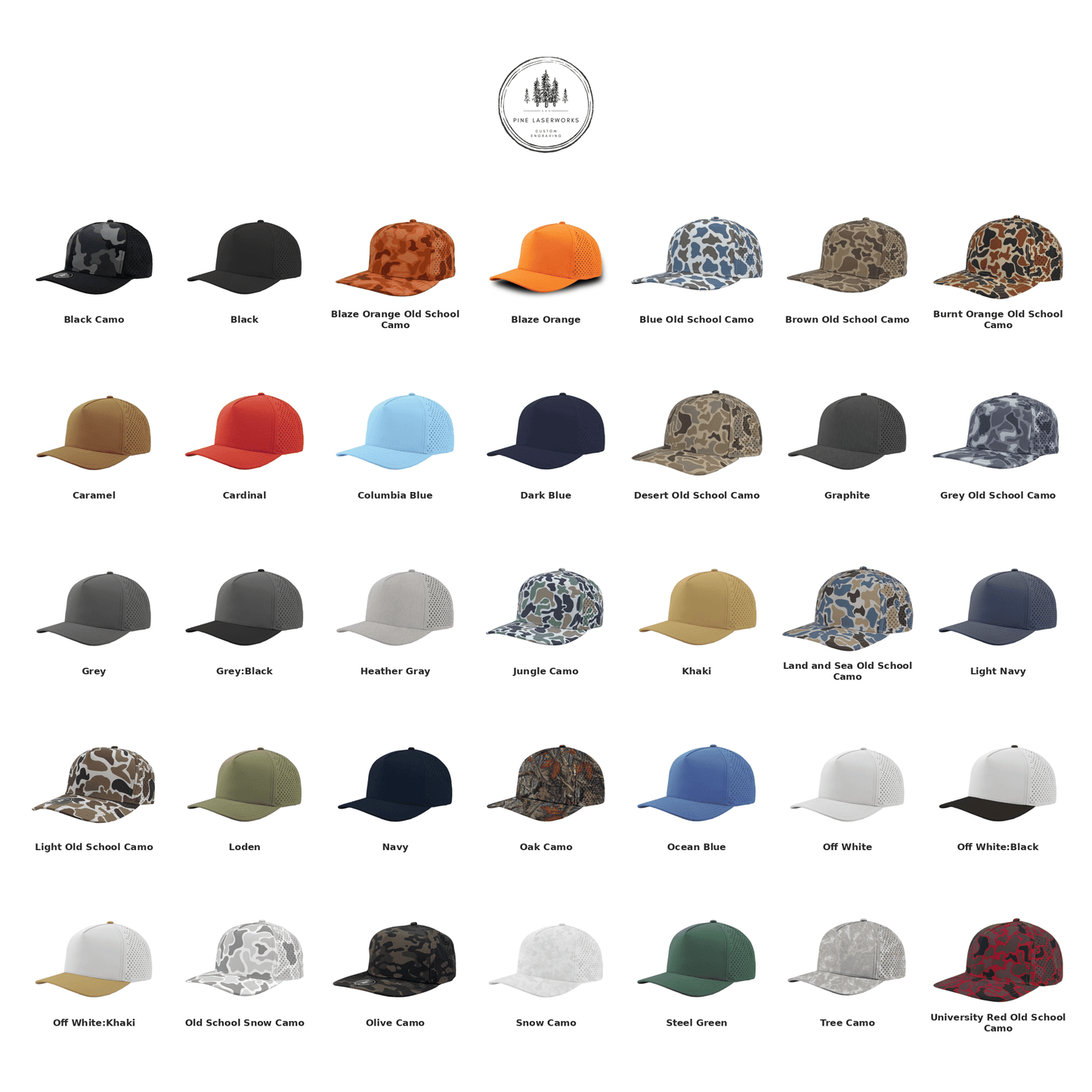 A grid of 35 different trucker hats in various colors and camouflage patterns, each labeled with its specific color name underneath. Pine Laserworks is providing the color chart as a reference to this product