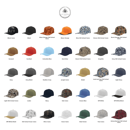 A grid of 35 different trucker hats in various colors and camouflage patterns, each labeled with its specific color name underneath. Pine Laserworks is providing the color chart as a reference to this product