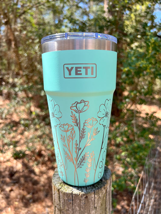 Flower Full Wrap Yeti 30oz Rambler Cup Seafoam - Pine LaserworksFloral design Yeti 30oz Tumbler in Seafoam Color Has magslide lid to make opening and closing easy Beautiful finish and shine