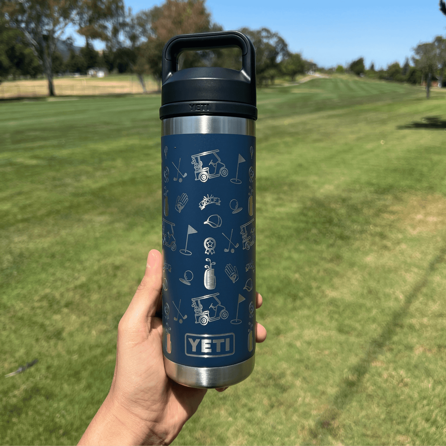Golf Pattern Navy 18 oz YETI Rambler Custom Laser Engraved Water Bottle pinelaserworks.com