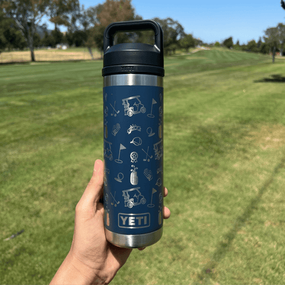 Golf Pattern Navy 18 oz YETI Rambler Custom Laser Engraved Water Bottle pinelaserworks.com