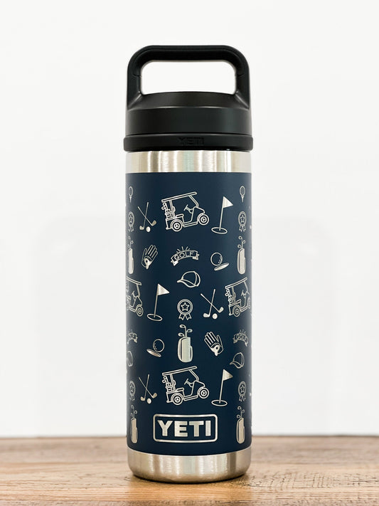 Golf Pattern Yeti 18oz Rambler Water Bottle Laser Engraved - Pine LaserworksNavy Golf Yeti Water Bottle 18 oz Rambler Chug Cap Bottle Full Laser Engrave - Pine LaserworksGolf Yeti Water Bottle 18 oz Rambler Chug Cap Bottle Full Laser Engrave
