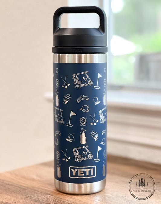 Golf Pattern Yeti Rambler Laser Engraved Chug Cap Water Bottle - Pine LaserworksBlue YETI water bottle with golf - themed design on a wooden surface