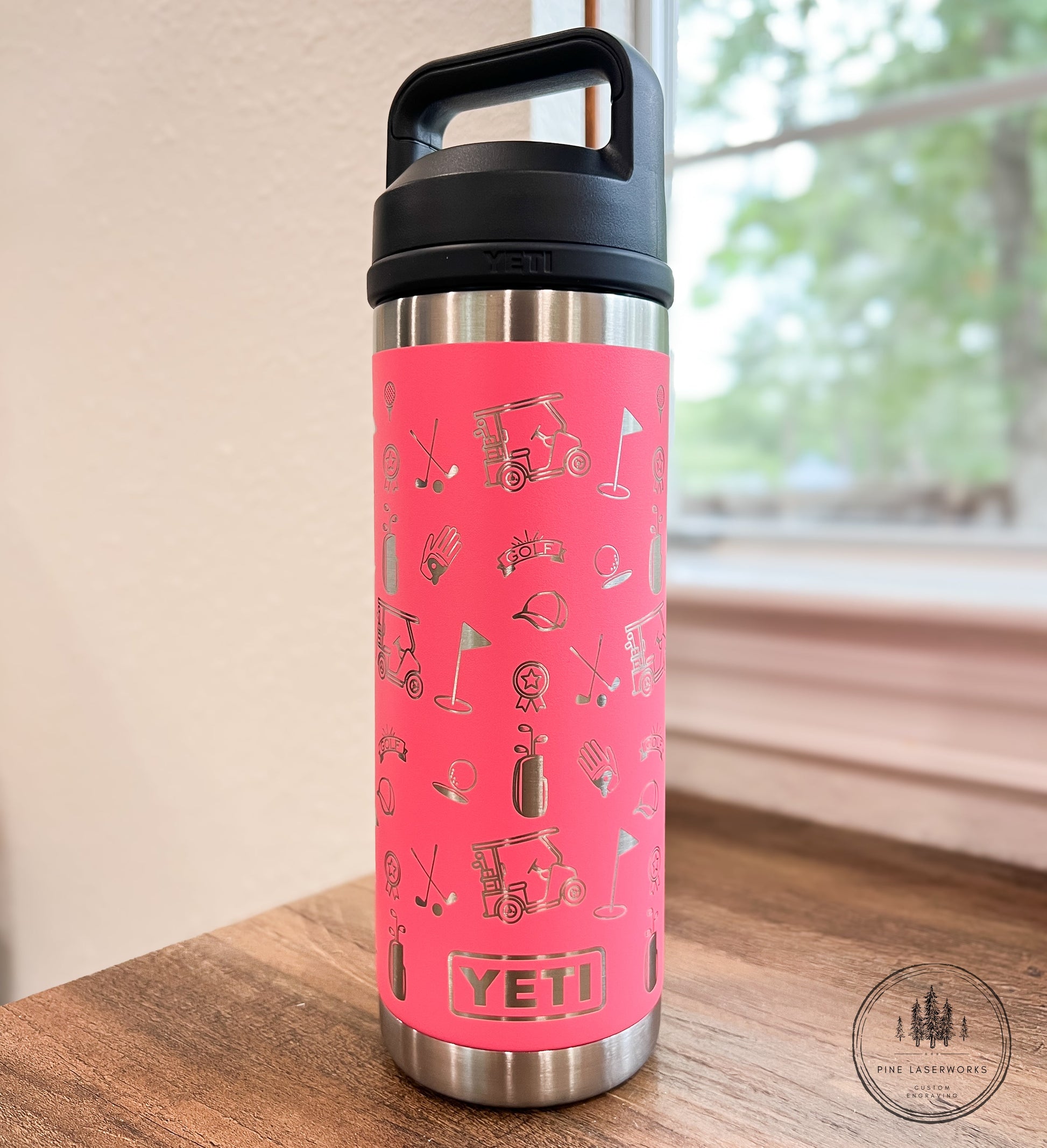 Golf Pattern Tropical Pink 18 oz YETI Rambler Custom Laser Engraved Water Bottle pinelaserworks.com