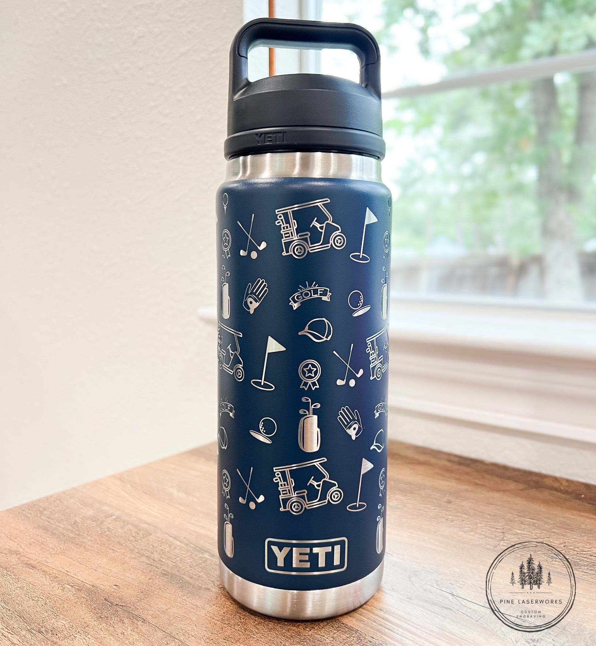 Golf Pattern Navy 26 oz YETI Rambler Custom Laser Engraved Water Bottle pinelaserworks.com