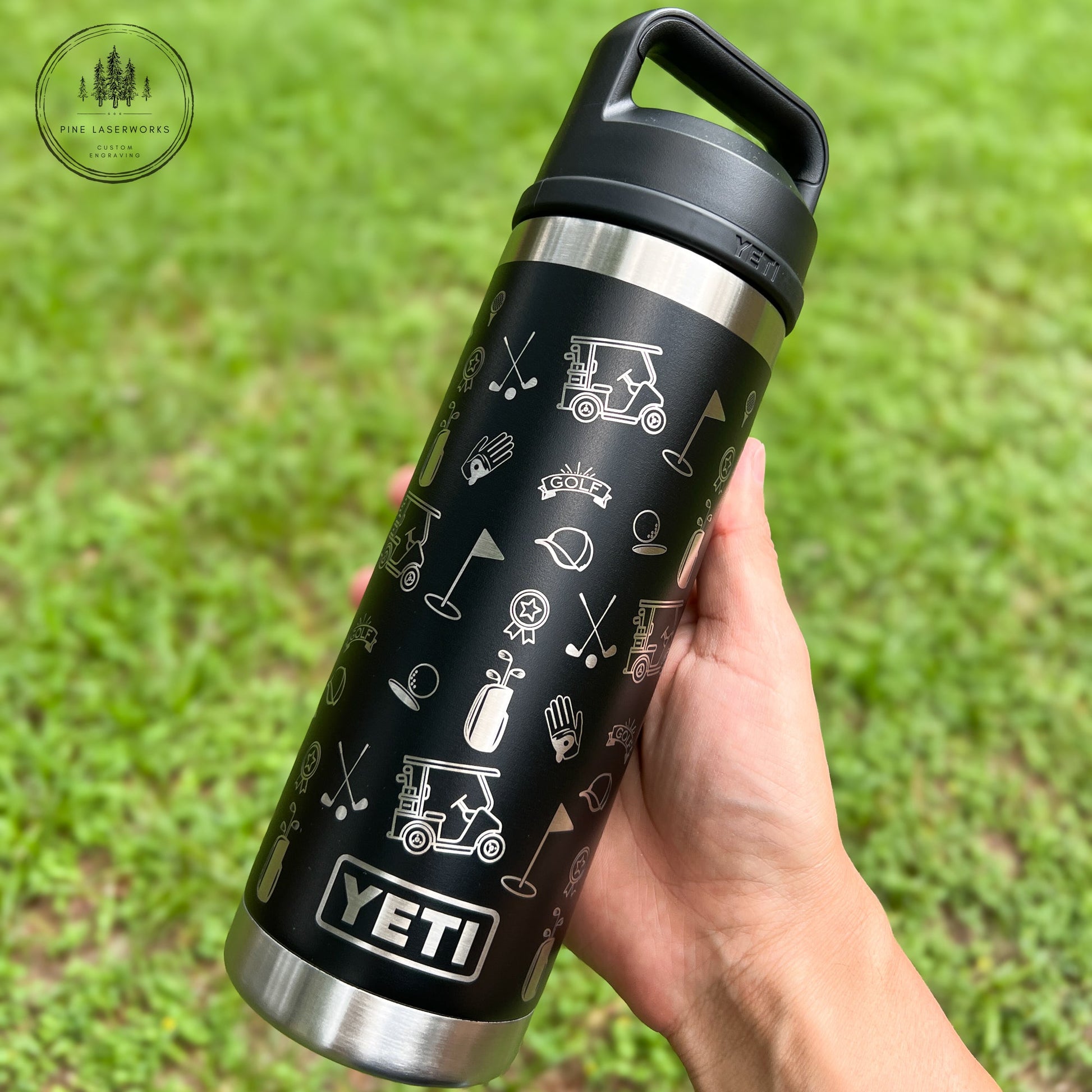 Golf Pattern Black 18 oz YETI Rambler Custom Laser Engraved Water Bottle pinelaserworks.com