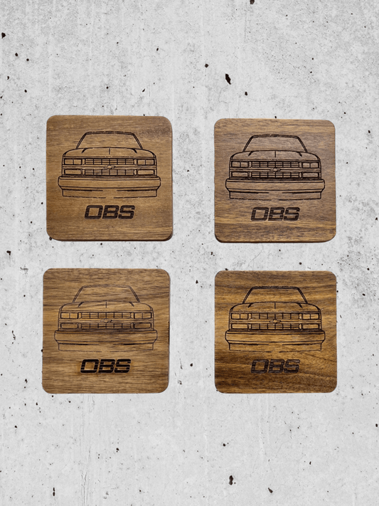 OBS Chevy Truck Acacia Wood Coasters Pack of 4 - Pine LaserworksAcacia wood square shape coasters with 88 to 98 Chevy truck front end outline and OBS letters below. Rustic Look and great satin finish.