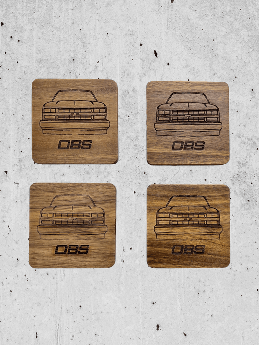 OBS Chevy Truck Acacia Wood Coasters Pack of 4 - Pine LaserworksAcacia wood square shape coasters with 88 to 98 Chevy truck front end outline and OBS letters below. Rustic Look and great satin finish.