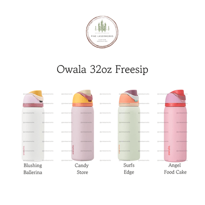 Personalized Bow Pattern Owala 32oz Freesip Water Bottle - Pine LaserworksFour Owala 32oz Freesip water bottles in different colors on a white background with the brand logo.