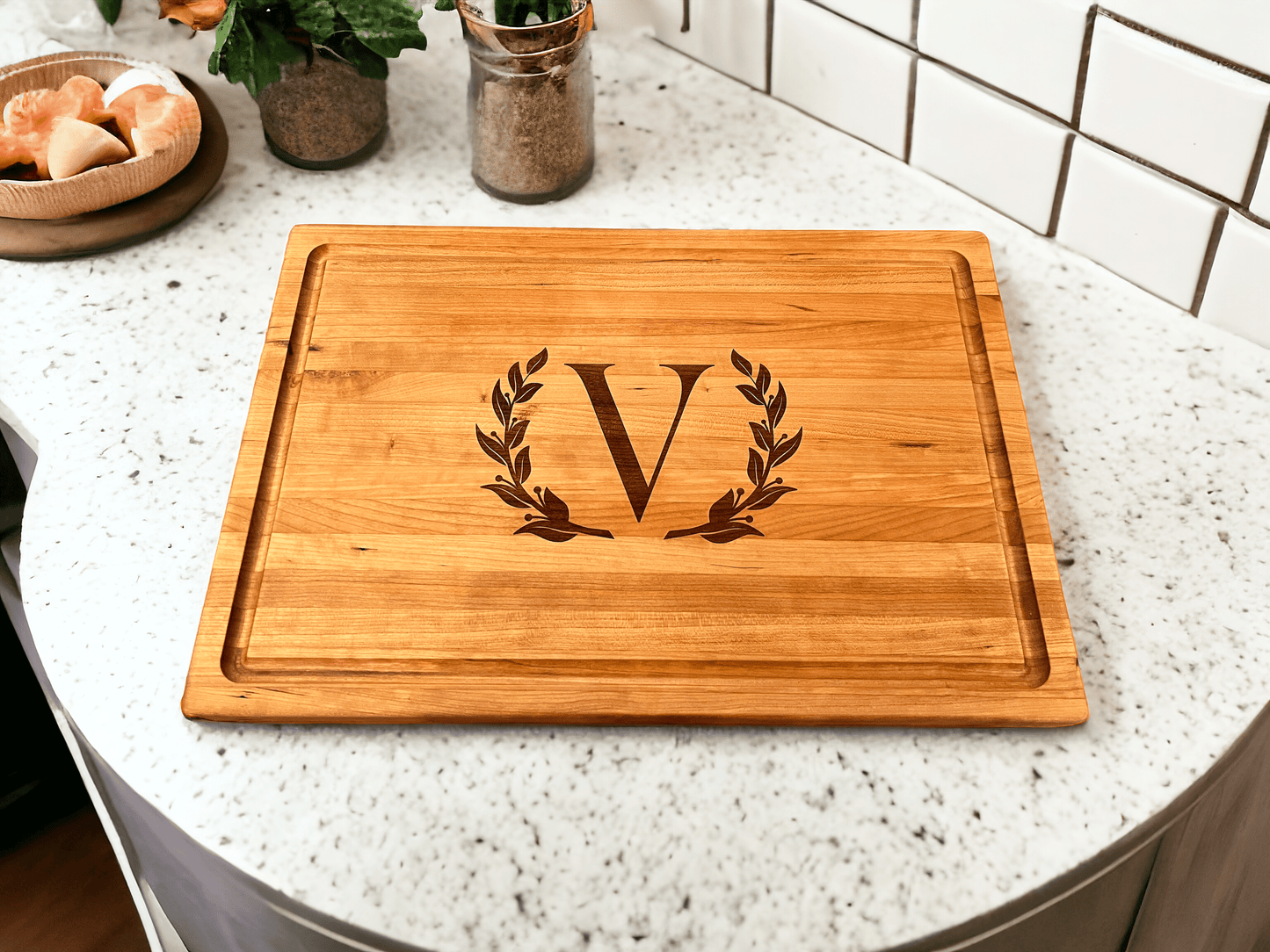 Personalized Cherry, Maple or Walnut Cutting Board - Pine Laserworks12 x 18 x 1 1/4 Cherry Cutting Board with Juice Groove and side handle Pockets Customization available. Logos or Name engraving services