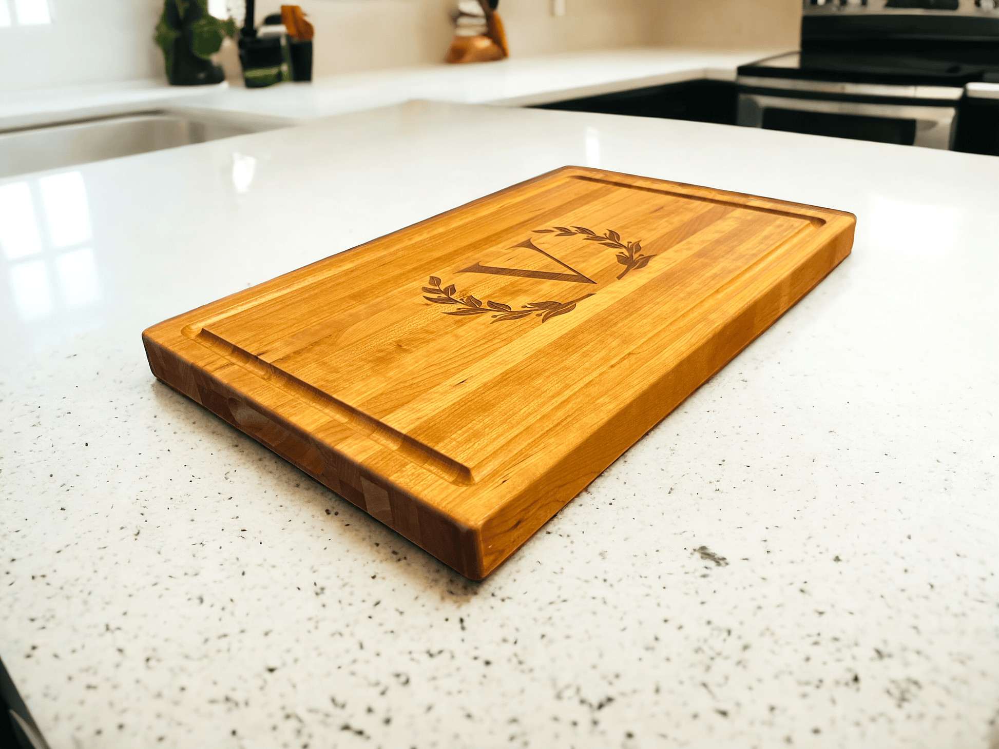 Personalized Cherry, Maple or Walnut Cutting Board - Pine LaserworksSide View 12 x 18 x 1 1/4 Cherry Cutting Board with Juice Groove and side handle Pockets Customization available. Logos or Name engraving services