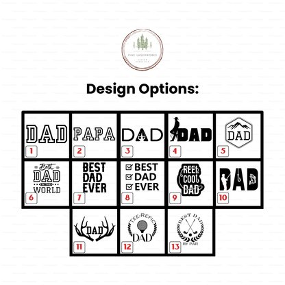Personalized Dad Yeti 18oz Rambler Chug Cap Water Bottle - Pine LaserworksVarious design options for 'DAD' themed prints on a white background with a brand logo at the top.