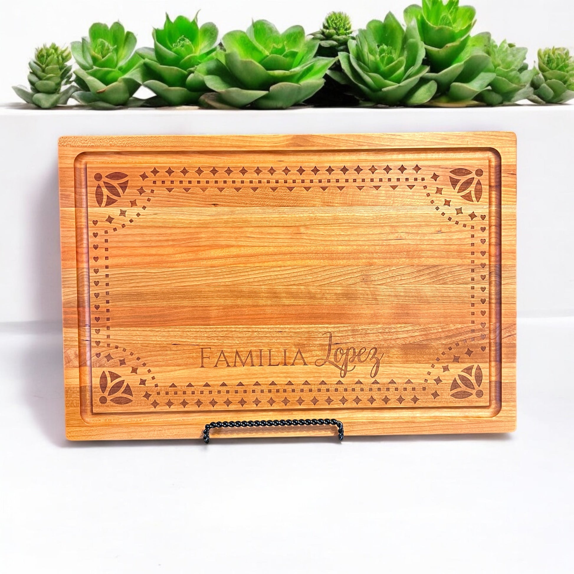 Personalized Family Name Talavera Pattern Cutting Board 18x12x1 1/4in w/ Juice Groove - Pine LaserworksPersonalized Family Name Talavera Pattern Cutting Board 18x12x1 1/4in w/ Juice Groove