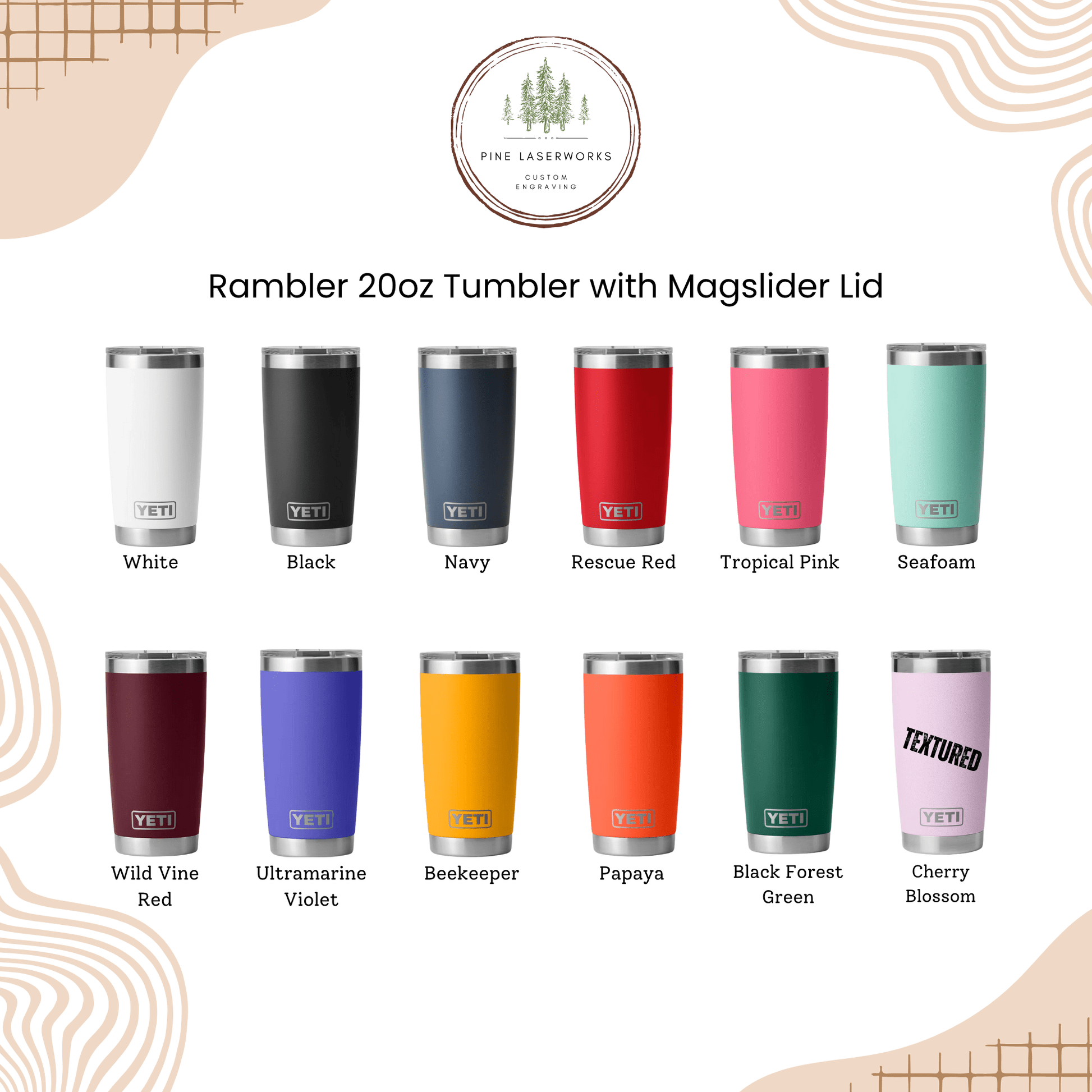 Personalized Floral Yeti 20oz Rambler Tumbler Full 360 Laser Engraved Wildflower Design - Pine LaserworksYETI Rambler 20oz Tumbler with Magslider Lid in various colors on a beige background.