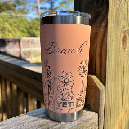 Personalized Floral Yeti 20oz Rambler Tumbler Full 360 Laser Engrave - Pine LaserworksPersonalized Floral Yeti 20oz Rambler Tumbler Full 360 Laser Engrave