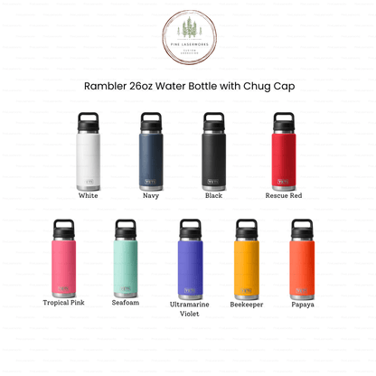 Personalized Floral Yeti 26oz or 36oz Rambler Laser Engraved Water Bottle - Pine LaserworksRambler 26oz water bottles in various colors with chug cap on a white background.
