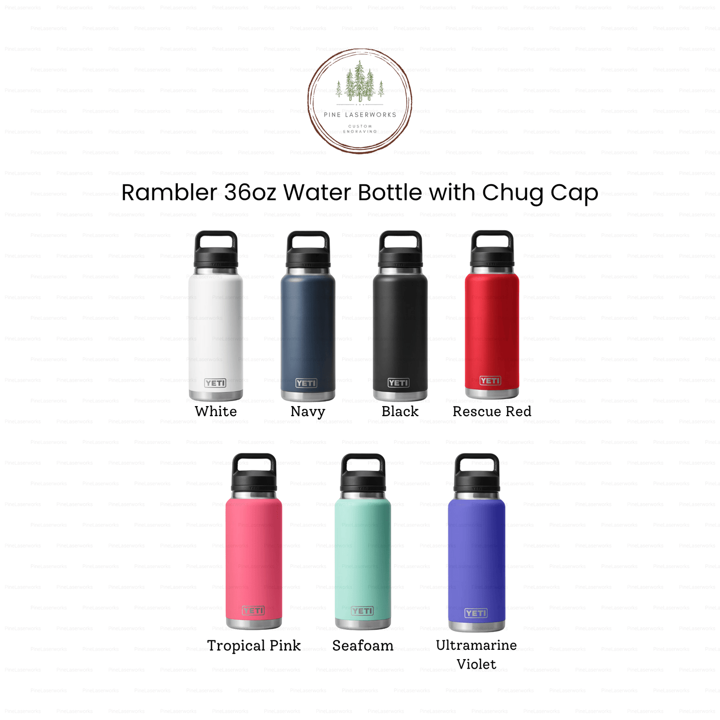 Personalized Floral Yeti 26oz or 36oz Rambler Laser Engraved Water Bottle - Pine LaserworksYeti 36oz Water Bottle with Chug Cap in various colors on a white background.