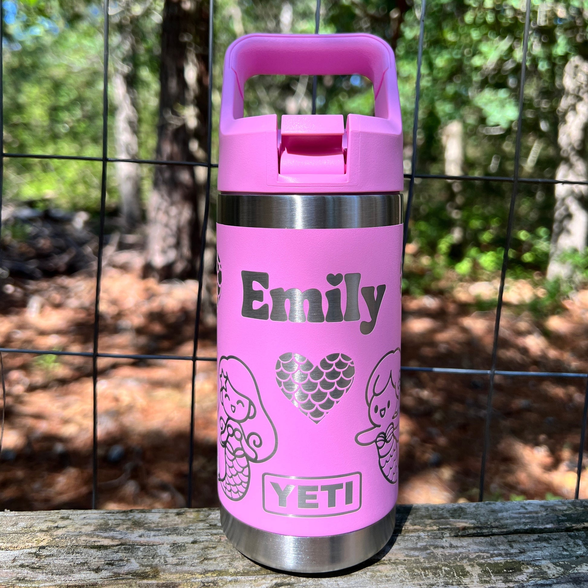 Power Pink Yeti 12oz Rambler Jr Kids Water Bottle. Personalized Mermaid Laser Engraved Water Bottle. 