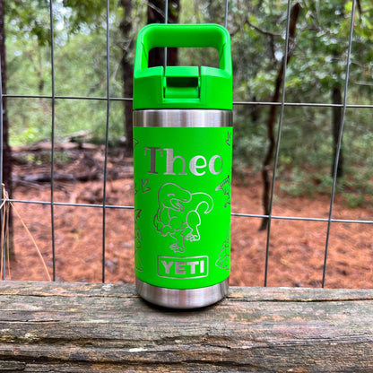 Canopy Green Yeti 12oz Rambler Jr Kids Water Bottle Personalized Dinosaur Theme Laser Engraved. 